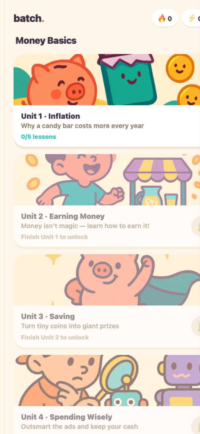 Batch units screen on a mobile device