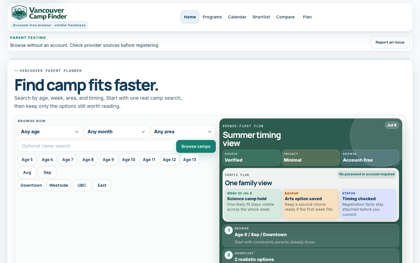 Vancouver Camp Finder search interface