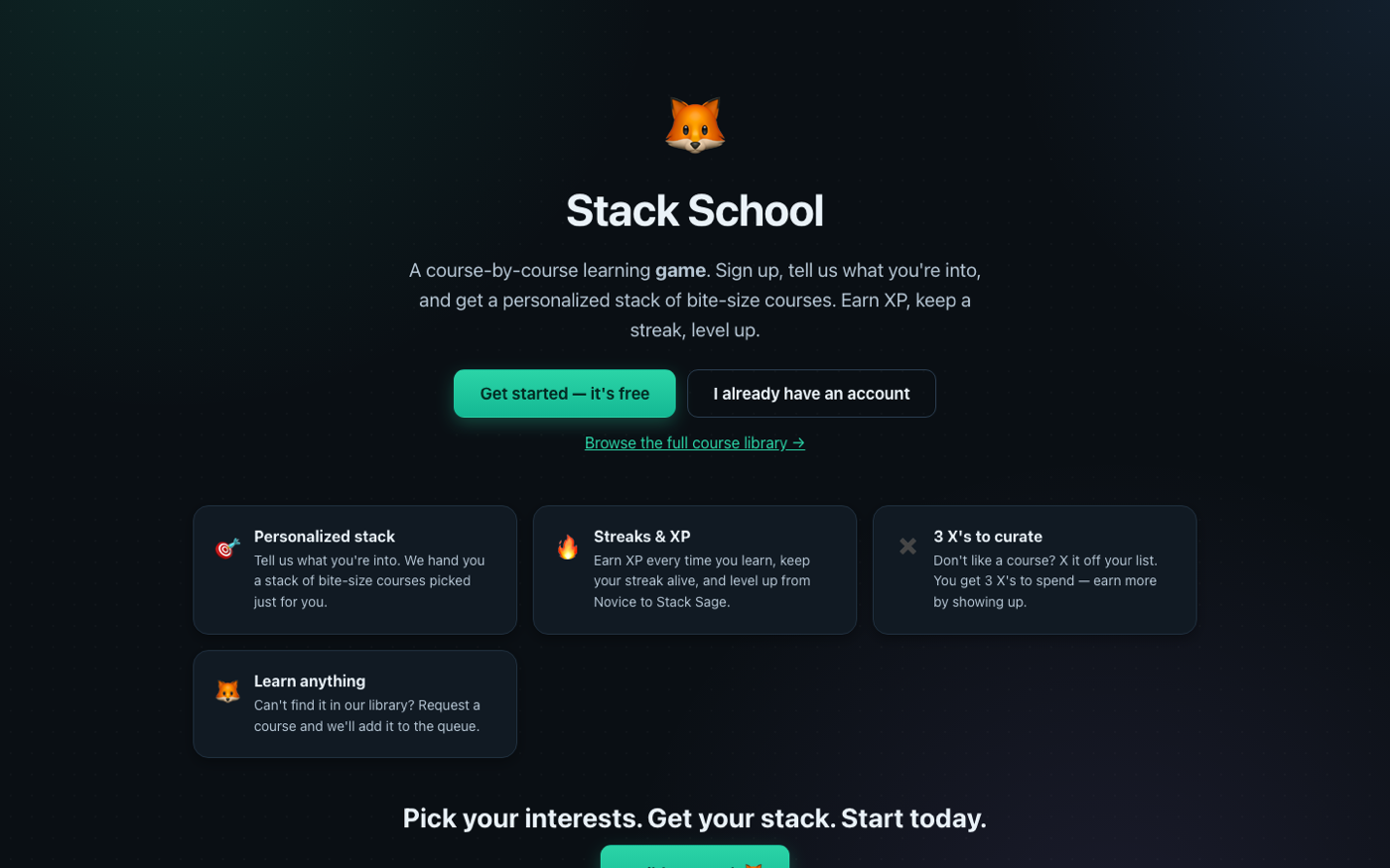 Stack School course platform landing page